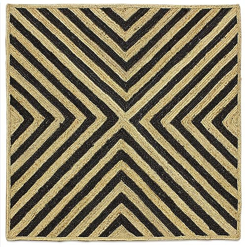 Handgeflochtener Jute-Kelim-Teppich, quadratisch, 2,9 m, Beige und Schwarz, Design-Teppich, dick, 0,7 cm, geometrisches Muster, Flachgewebe, für drinnen und draußen, Teppiche für Flur, Esszimmer,