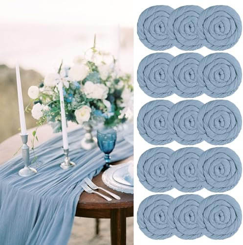 Käsetuch Tischläufer 15 Stück Staubiges Blau Seihtuch Tischläufer Blau Transluzent Tüll Tischdecke 55x400cm, Rustikaler Gaze-Stoff Boho-Tischläufer für Hochzeitsfeier Brautparty Tischdekoration