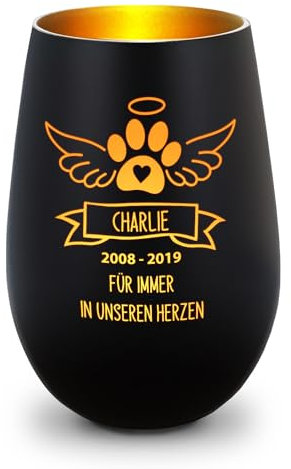 GRAVURZEILE Deko Windlicht aus Glas mit Gravur - Pfotenengel - Personalisiert mit Namen & Datum - Haustier Trauerlicht für Hund und Katze - Grabschmuck zur Beerdigung oder Andenken - Schwarz/Gold