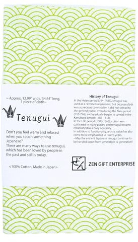 ZEN GIFT ENTERPRISE Japanisches Handtuch Tenugui mit Ausfransverhinderung, traditionell, Seigaiha Grün auf Weiß, 33 x 88 cm, hergestellt in Japan