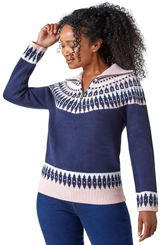 Roman Petite Fairisle Zip Detail Jumper for Women UK - Ladies Autumn Everyday Winter Holiday Long Sleeve Warm Ribbed Knit Comfy Soft Feel Top Daywear Sweaters - Navy - Size 14