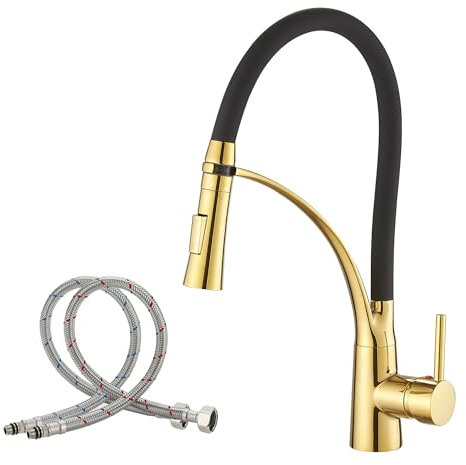 Haiba Gold Kitchen Sink Tap with Pull Down Dual Function Sprayer, Single Lever Swivel Kitchen Mixer Taps with Black Silicone Hose, Solid Brass