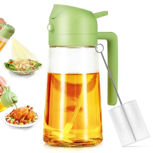 Showvigor 2 in 1 Oil Spray Bottle, 470ml/ 16oz Olive Container,Cooking Oil Spray Glass for Used for Air Fryer, Baking, Grilling(GREEN)