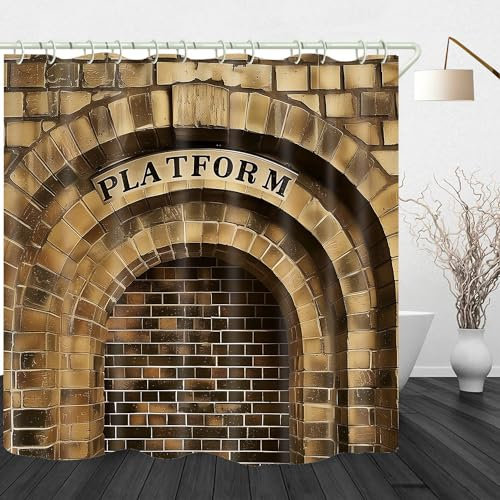 VANZEV Vintage Platform Shower Curtain of King's Cross Station Secret Passage to Magic School Decorative Shower Curtain Brick Wall Bathroom Accessories Polyester Fabric Bath Curtains 72X72 Inches