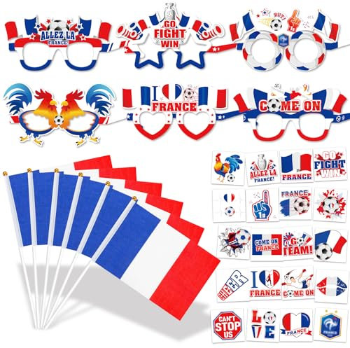 HOWAF 2024 Fu?ball EM Deko, 12 Stk 2024 Fu?ball EM Partybrille Frankreich EM Fu?ball 2024 Papierbrille, 12 Frankreich Flagge, 20 Tempor?re Tattoos Frankreich EM Fu?ball Europameisterschaft 2024