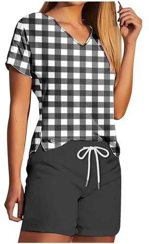AMhomely Trainingsanzug für Damen, komplettes Set, Sommer, 2-teiliges Outfit, kurzärmelig, kariert, Sweatanzug, V-Ausschnitt, T-Shirts, Kordelzug-Shorts, Freizeit-Outfits, Pyjama-Set, Sportbekleidung,