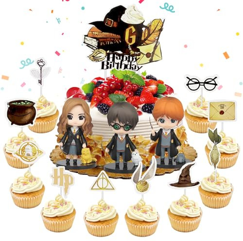 Magier Kuchen Toppers, 14 Stück Wizard Cupcake Topper, Harry Cake Topper, Zauberer Tortendeko, Harry Figuren Set, Harry Tortendeko Geburtstag, Zauberer Doll Figures, für Kinder Geburtstagsfeiern