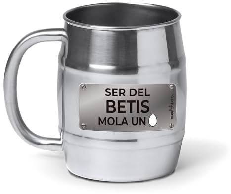 mundohuevo® Jarra de cerveza personalizada acero inoxidable 304 | Regalo original de equipos de futbol | Ser del Betis mola un huevo | Color plateado aspecto barril | Capacidad 500 ml.