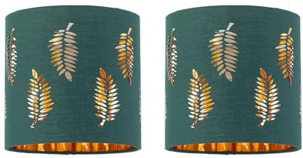 Set of 2 Dark Green Table Lamp Shades, Lampshades for Table Lamp or Bedside Light, Fern Leaf Cut Out Design, Diameter 15cm