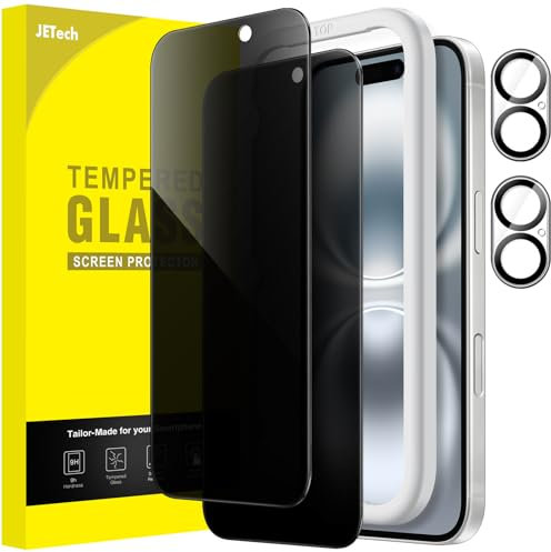 JETech Privacy Screen Protector for iPhone 16 6.1-Inch with Camera Lens Protector, Anti-Spy Tempered Glass Film, Easy Installation Tool, 2-Pack Each