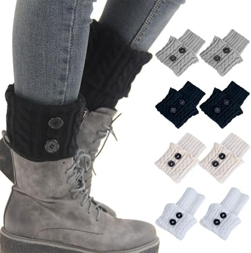 VEGCOO 4 Pairs Winter Warm Boot Cuffs for Women, Winter Knitted Crochet Leg Warmers Ankle Warmers, Twist Knitted Boot Socks Knee Warmers for Women Girls, Black Beige White Grey