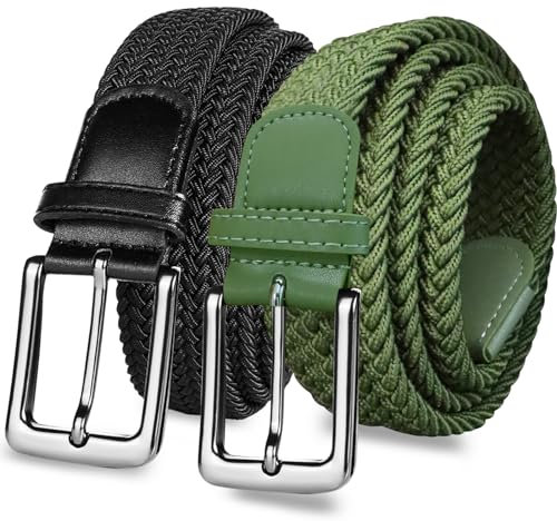 LOVMEAD Elastischer Gürtel Stretchgürtel Geflochten Herren Damen Wert 1 2 Stück, Golf Stoffgürtel Flechtgürtel Dehnbarer (2 Stück-Schwarz+grün, 135cm/46’’-50’’ für Taillengröße)
