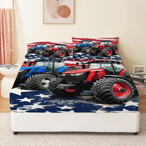 Rot Spannbettlaken 140 x 190 cm Matratzenschoner Spannbetttuch aus Polyesterfasern, Auto Zwei Traktoren Bettlaken für Boxspringbett, Matratze bis 30 cm höhe