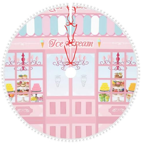 Ice Cream Store Weihnachtsbaumrock mit Pompon, Weihnachtsbaum-Rock, Matte für Frohe Weihnachten, Urlaub, Party-Dekorationen
