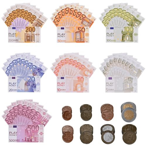 Tigvio 215 Stück Spielgeld Set mit 175 Spielgeld Kinder und 40 Spielgeld Münzen, Lustige Spielgeld Euro Scheine und Münzen Spielgeld Euro zum Rollenspiel Kaufmannsladen Zubehör
