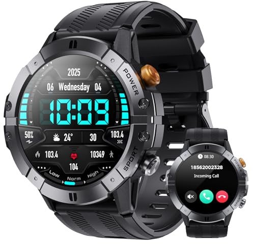 VIRAN Smartwatch Uomo, Orologio fitness con chiamata Bluetooth per Android e iOS, Smart watch militare impermeabile IP68 con Monitor della pressione sanguigna/SpO2/frequenza cardiaca/sonno (Nero)