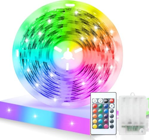 LED Streifen Batterie 5m,Lichtband RGB 5050 Selbstklebendes 16 Farbenwechsel,Batteriebetriebene LED Streifen Lichter,LED Strip mit Fernbedienung für Schränke, Treppen, Küche, Betten