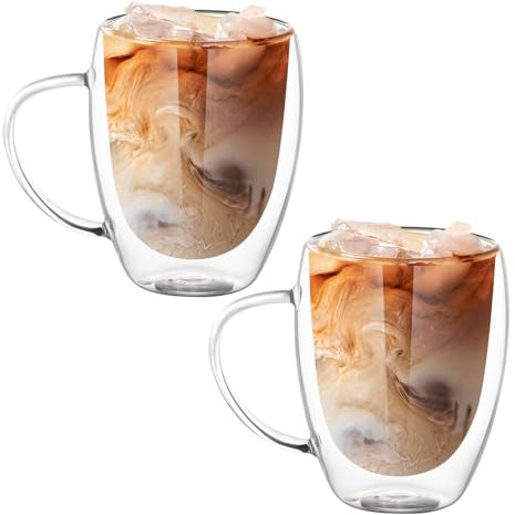 Nicphyn 2 Piezas Tazas de Cafe Transparente, Vasos Doble Pared Cristal, Vasos para Cafe, Vasos de Cafe, Tazas Cristal con Asa para Té Helado, Leche, Latte, Macchiato, Bebidas Calientes(350ML)