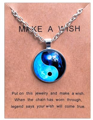 Gionatan Shop Halskette Yin Yang mit Mond, Glasanhänger mit Silberkette, Glücksbringer mit Botschaft