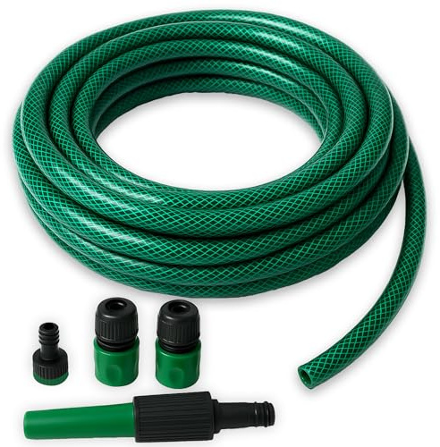 iTrend 15m PVC Fiber Braided Reinforced Garden Water Hose Pipe Set with Nozzles & Fittings – Flexible, Weatherproof, 4 Spray Patterns for Irrigation, Car Wash & Gardening
