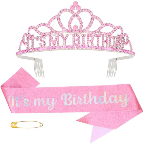 Pruadeor Geburtstagskrone Tiara und Schärpe mit It's My Birthday Rosa | Birthday Crown Birthday Sash Prom Queen Schärpe für Frauen und Mädchen Birthday Girl