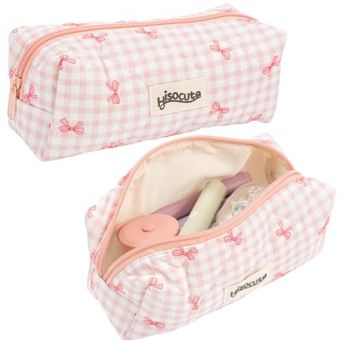 Zouwel Niedliches Federmäppchen für Mädchen, Gestepptes Baumwoll-Federmäppchen mit Schleife, Mäppchen Aesthetic Federmappe,kleine Kosmetiktasche,Buntstift-Box,Teenager Etui Schule Organizer (Rosa)