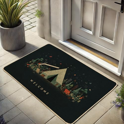 Camping Tent Welcome Door Mat Outdoor & Indoor Entrance Forest, Non-Slip Waterproof Dust Resistant Easy Clean Mat 29x17 Inch