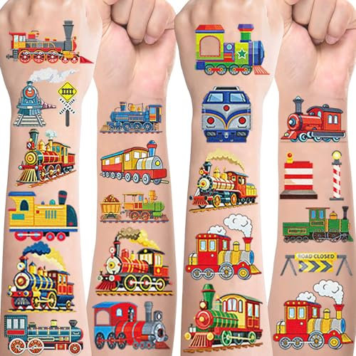 Zug Tattoos für Kinder,10 Blätter Train Kindertattoos Hautfreundlich Set Temporäre Tattoos zum Aufkleben,Mitgebsel Kindergeburtstag Geschenke Party Deko Lokomotive Spielzeug Auto Tattoo Kinder Jungen