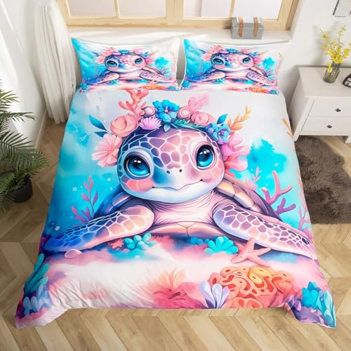 Homewish Housse de Couette Enfant 140x200 Tortue de Mer Aquarelle, Parure de Lit Imprimé Animal Tortue, Sets de Housses de Couettes Thème Océan sous-Marin, Couvre Lit Rose Pastel