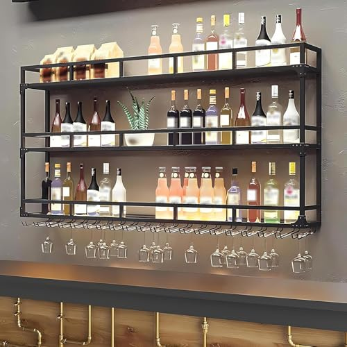 KEPMOGOH Wine Rack Wall Mounted, Metal Wine Glass Holder, Wall Wine Racks for Wine Bottles, bar Shelves, Bar Liquor Bottle Display Shelf Storage Organizer for Home Kitchen Bar (Black, 120cm)