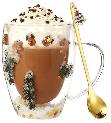 Weihnachtstassen Glas, 350 ml Weihnachtsgläser mit Löffel Doppelwandige Gläser Weihnachten, Latte Tasse Weihnachten Geschenke für Frauen Weihnachtsglas Weihnachtstassen Weihnachtsgeschenke（Ren）