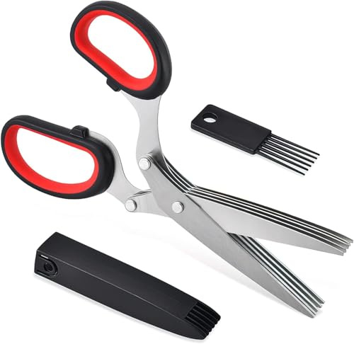 LEOUEANR 5-Blade Kitchen Scissors for Herbs, Chives and Parsley - Multi-Purpose Stainless Steel Vegetable Scissors with Safety Cover & Cleaning Comb