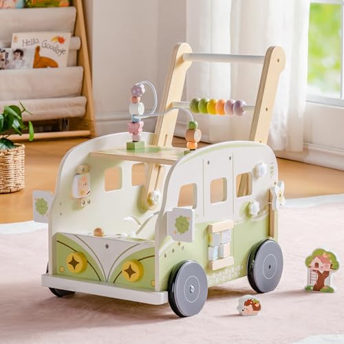 ROBOTIME Lauflernwagen Holz mit Aktivitätscenter, Grüne Dschungeltiere | Höhenverstellbare Baby-Lauflernhilfe mit regelbarem Rollwiderstand, Stauraum und interaktivem Spielcenter ab 10 Monaten