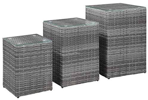 Owoxanthellate Beistelltisch Set 3er Grau 40x40x62 cm Poly Rattan Glastisch Couchtische mit Metallrahmen Modernes Design Robust & Wetterfest für Garten Wohnzimmer Balkon