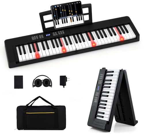 COSTWAY Keyboard Piano 61 Tasten, Klappbares Digitalpiano mit MIDI & Split-Funktion, 128 Tönen & Rhythmen, Tragbares Klavier mit Kopfhörer & Sustain-Pedal, E-Piano für Anfänger (Schwarz)