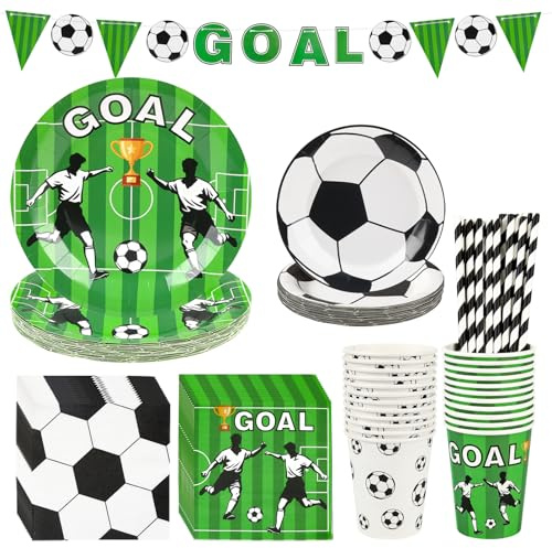 YQL 122 PCS Football Tableware Set for 24 Guests, Party Birthday Supplies | Disposable Football Party Decorations, Paper Plates (9” & 7”) /Napkins/Cups/Straws/Banner for Sports Theme Birthday World Cup