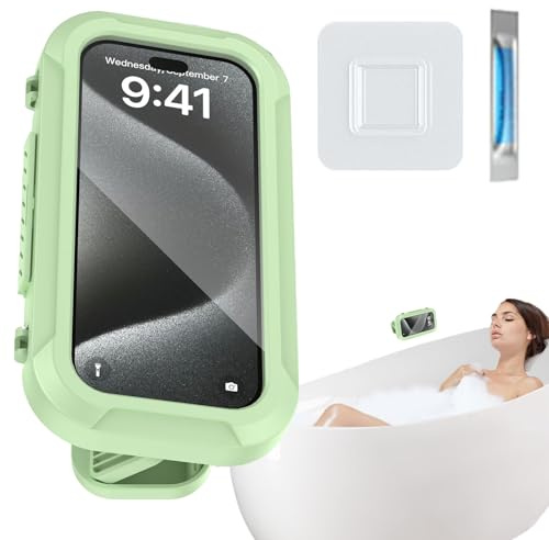 Shower Phone Holder – Waterproof Wall Mount Case | 360° Rotating Adhesive Stand | IPX6 Sealed Touchscreen Cover | Bathroom Mirror Bathtub Kitchen Pool Compatible for Phones Under 7 inches