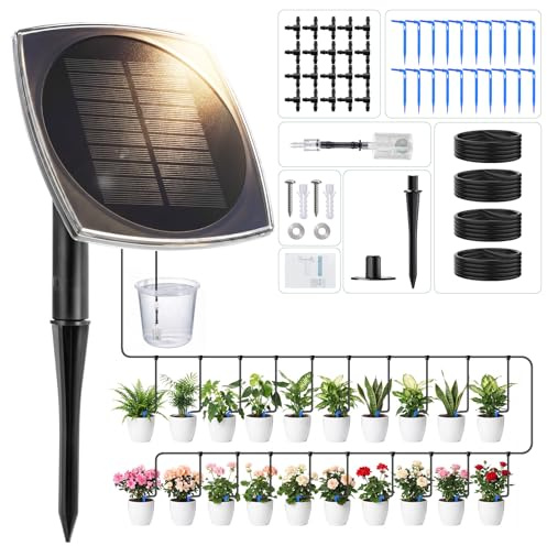 Sistema de riego solar para balcón para 20 plantas en macetas - 2026 Sistema de riego automático más reciente con 12 modos de temporizador y tubo de goteo de 20 m para plantas de jardín, plantas de