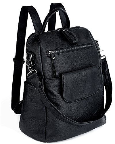 UTO Rucksack Damen Elegant mit Schultergurt Modischer Multifunktionsrucksack Schultertasche Herren PU Leder Backpack Kompartiment Reißverschluss Umhängetasche Schule Schulrucksack Handtasche Schwarz