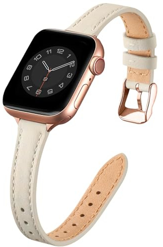 SUNFWR Leather Strap for Apple Watch 42mm(Series 3/2/1)44mm 45mm 46mm Women | Slim&Thin Genuine Leather Elegant iWatch Replacement fits iWatch Series 12 11 10 9 8 7 6 5 4 3 2 1 SE(Lvory white&Rosegold)