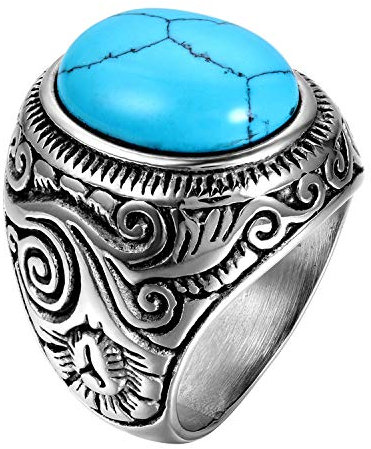 OIDEA Edelstahl Ringe Silber für Herren Damen, Klassiker Retro Charm Künstlicher Türkis Steine Edelstahlring Herrenring mit Gravur, Ringgrößen 54 (17.2) – 76 (24.2)