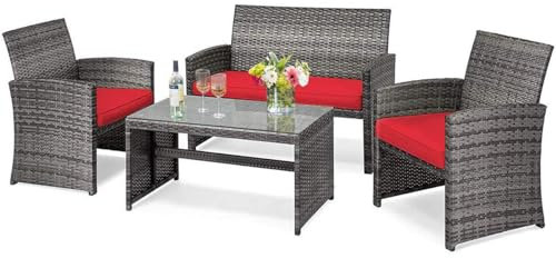 DORTALA 4-teiliges Terrassenmöbel-Set, Outdoor-Korbgeflecht, Gesprächsset mit weichen Kissen & gehärtetem Glas, Couchtisch aus gehärtetem Glas, Rattan-Terrassen-Sofa, Bistro-Sets für Innenhof, Balkon,