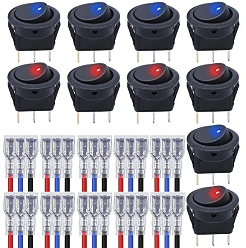 GTIWUNG 10 Stück 12V 20A / 24V 10A LED Rocker Kippschalter, Wippschalter, Runde Schalter Wippschalter Button mit 16AWG Draht für Car Boot Truck Trailer Auto KFZ beleuchtet, Rot & Blau