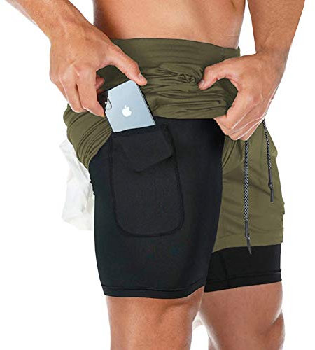 MANLUODANNI Herren Running Shorts, 2 in 1 Shorts Men Laufshorts Fitness Sporthose Kurz Jogginghose Schnelltrocknende Laufhose mit Taschen Reißverschlussfach Armeegrün M