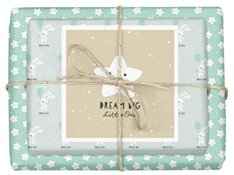 dabelino® Geschenkpapier zur Geburt/Taufe: Baby Junge, Kleinkind - Set Hase mit Ballon + Sterne (mint-grün, erster Geburtstag)