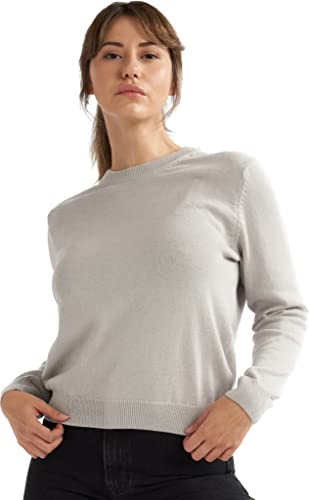 alsestudio Women's Crewneck Jumper 100% Cotton Premium Quality Silk Touch Long Sleeve Pullover Essential Style Knitted Sweater (Grey, L)
