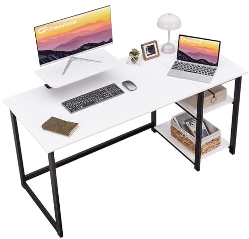 GreenForest Schreibtisch 140cm Mit Stauraum und Monitorständer - Bürotisch für Home Office, Weiß