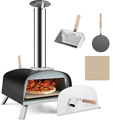 GYMAX Four à Pizza Extérieur à Bois ou à Pellet, avec Thermomètre, Pelle à Pizza, Pierre à Pizza de φ33CM, Température Max. 450 ℃, pour Jardin, Camping, Fête