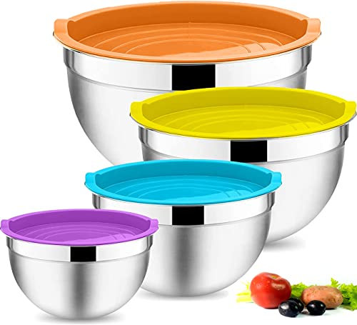 HASA zone Mixing Bowl with Airtight Lid, Set of 4 Salad Nesting Bowl, Large Metal Mixing Bowl, Stainless Steel Mixing Bowls for Baking/Cooking/Serving/Storage, Dishwasher Safe