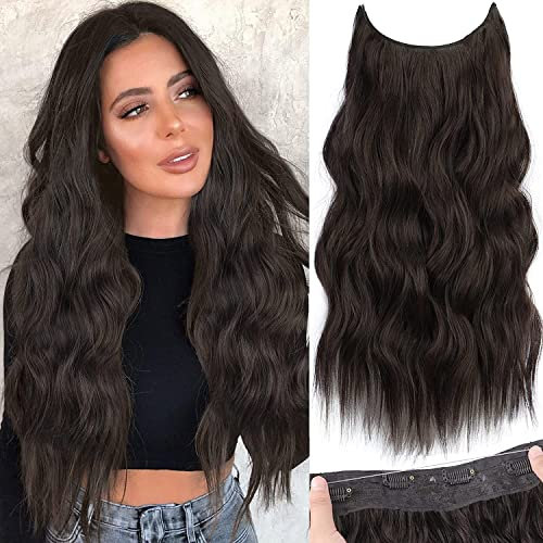 Clip in Extension mit Gummiband Braun Haarverlängerung Lang locken Hair Extensions Synthetik wie Echthaar Günstig Unsichtbare Haarteil Extensions Dunkelbraun 068C